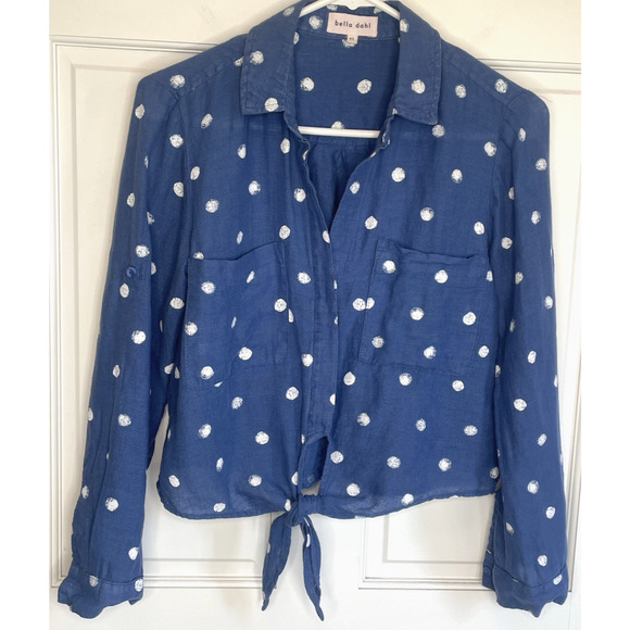 Bella Dahl Women's Boho Polka Dot Tie Front Shirt Sz XS Linen Blend Fisherman - Picture 1 of 16